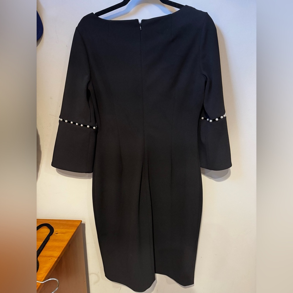 Calvin Klein Black 3/4 bell Sleeves with faux pearls black sheath dress size 10 - Picture 4 of 8